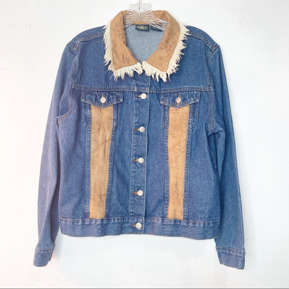 Western Denim Jacket Fringe Collar Y2K Butterfly Stitch on Faux Suede Size XL